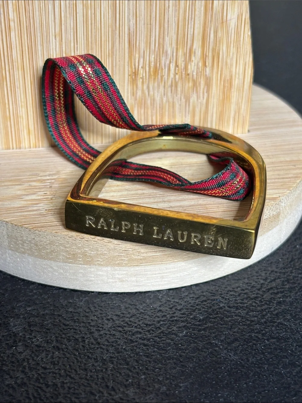 Lauren Ralph Lauren Green Suede Pouch with Red Plaid Stirrup Ornament